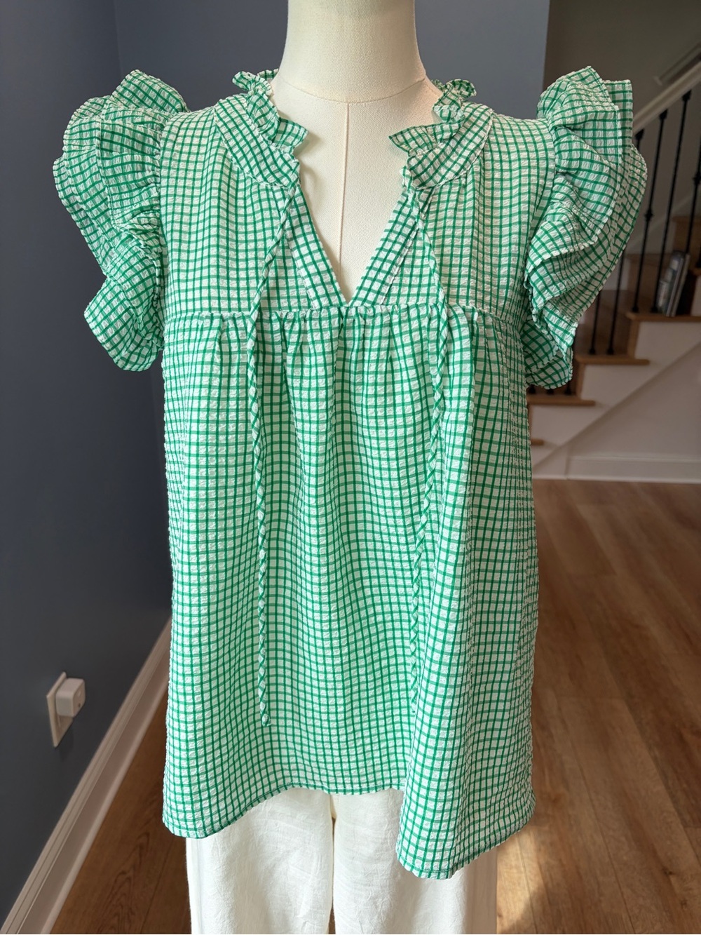 THML Green White Gingham Ruffle Sleeve Babydoll Blouse Size Small